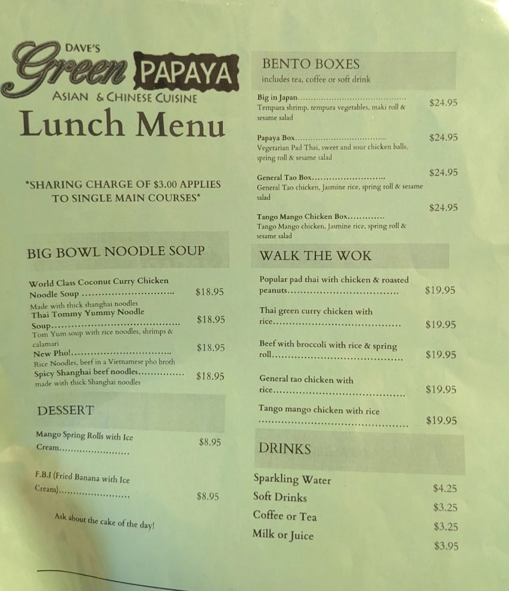 Menu, Dave's Green Papaya