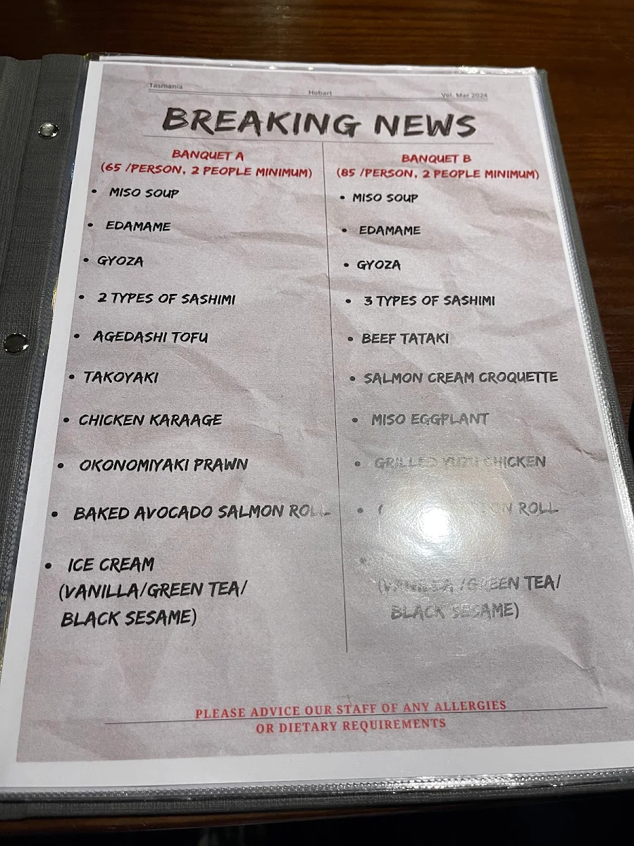 Menu, Yamashita Japanese Restaurant