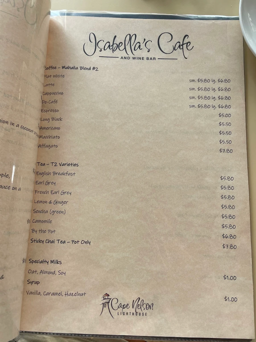 Menu, Isabellas Cafe