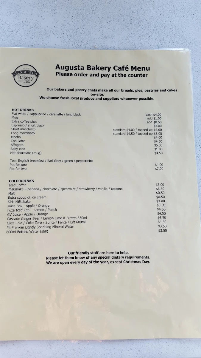 Menu, Augusta Bakery