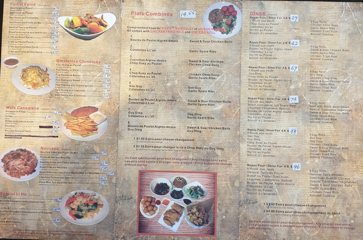 Menu, Restaurant Nouveau Li Ho