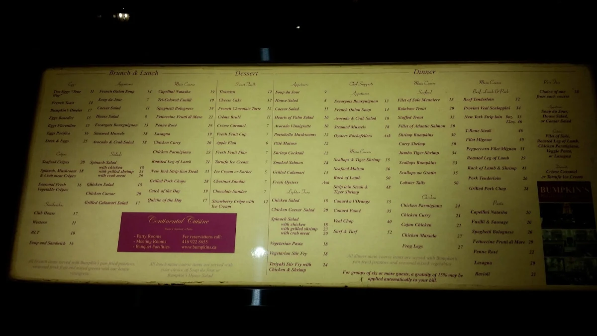 Menu, Bumpkin's Restaurant & Lounge