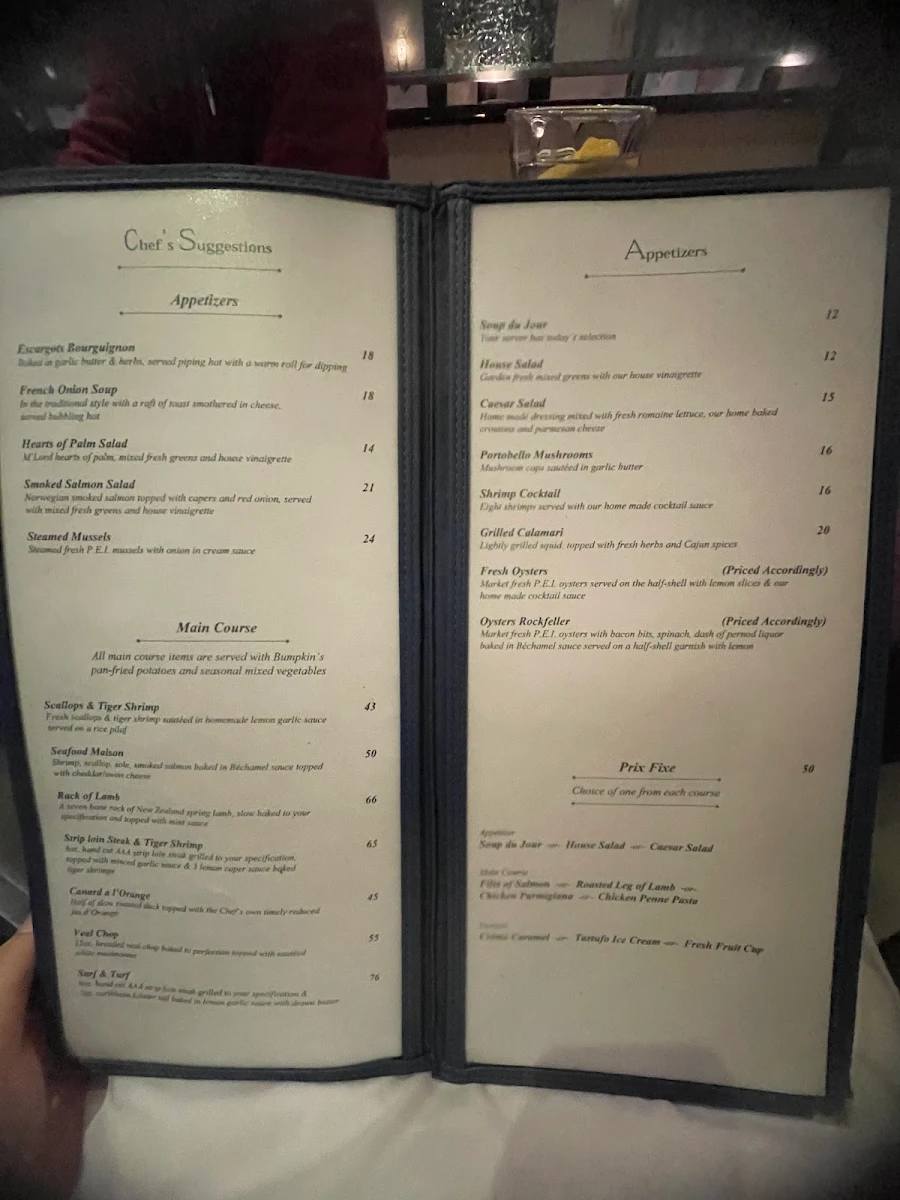 Menu, Bumpkin's Restaurant & Lounge