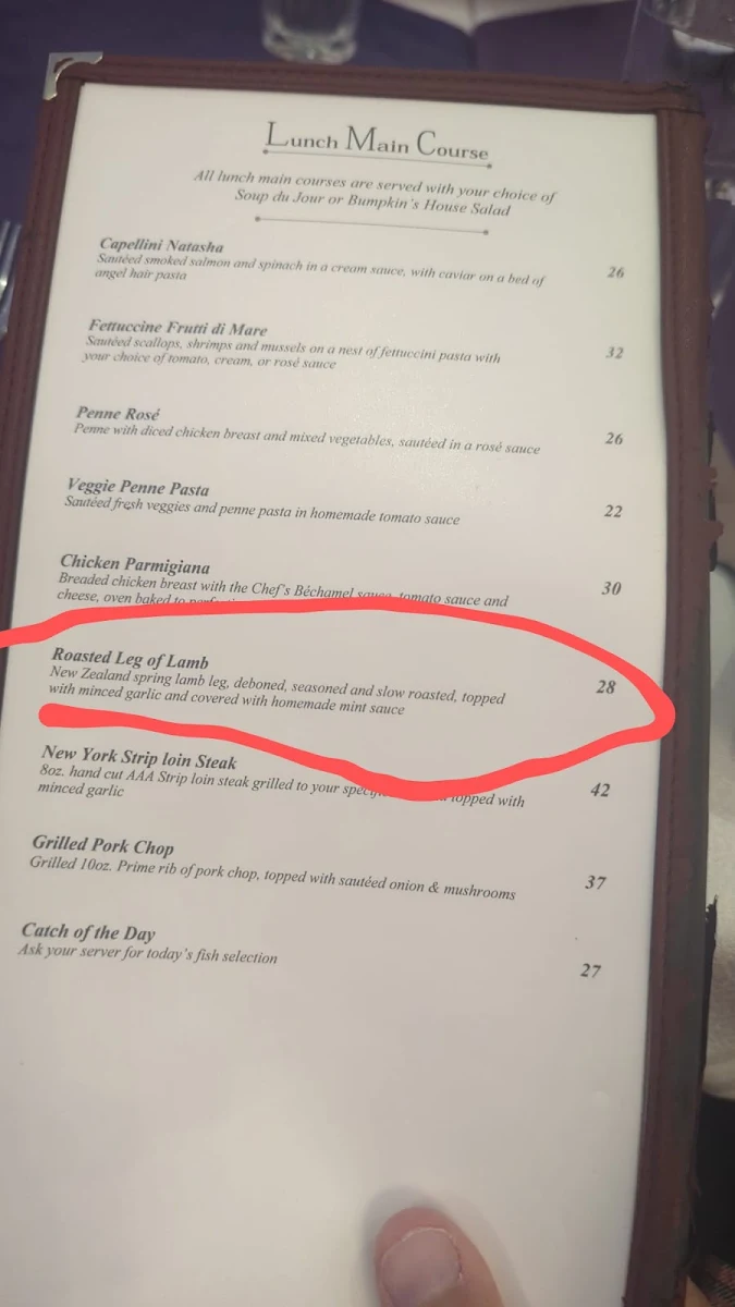 Menu, Bumpkin's Restaurant & Lounge