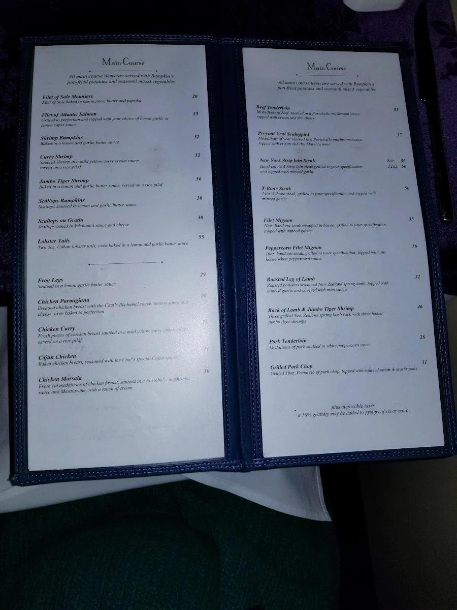 Menu, Bumpkin's Restaurant & Lounge
