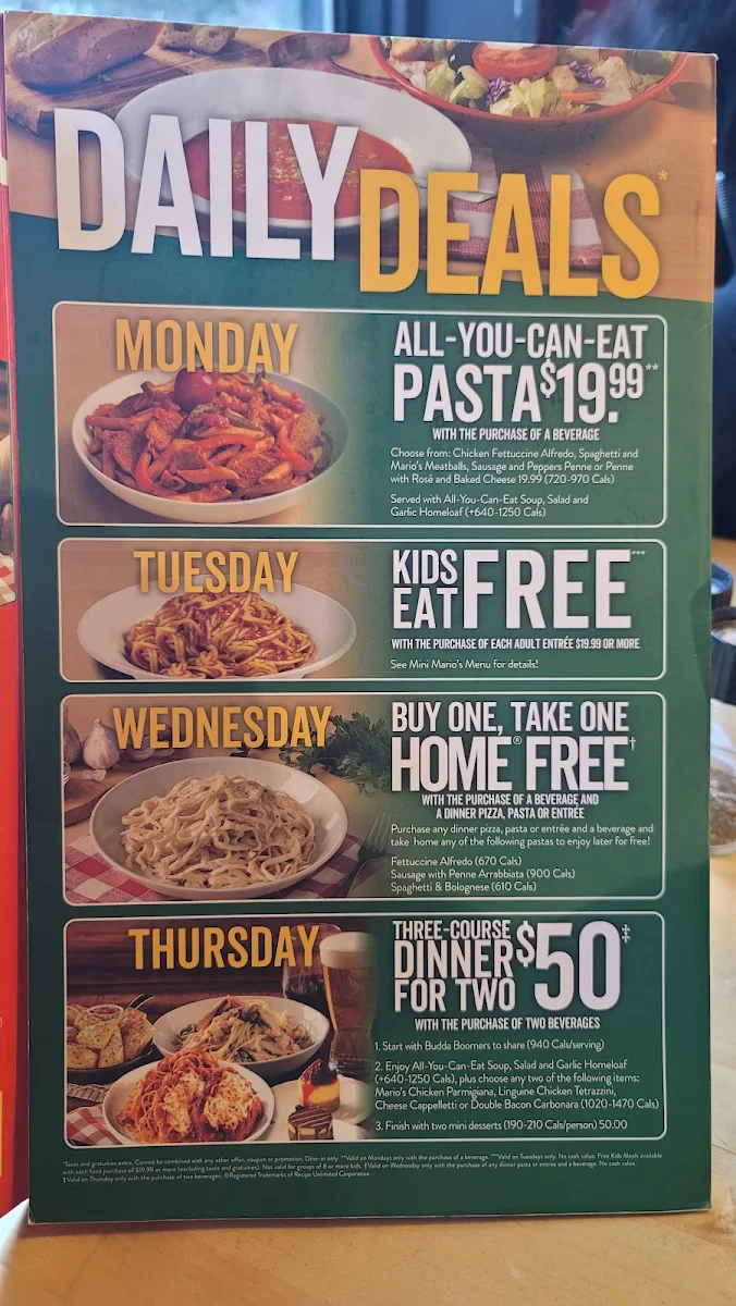 Menu, East Side Mario's
