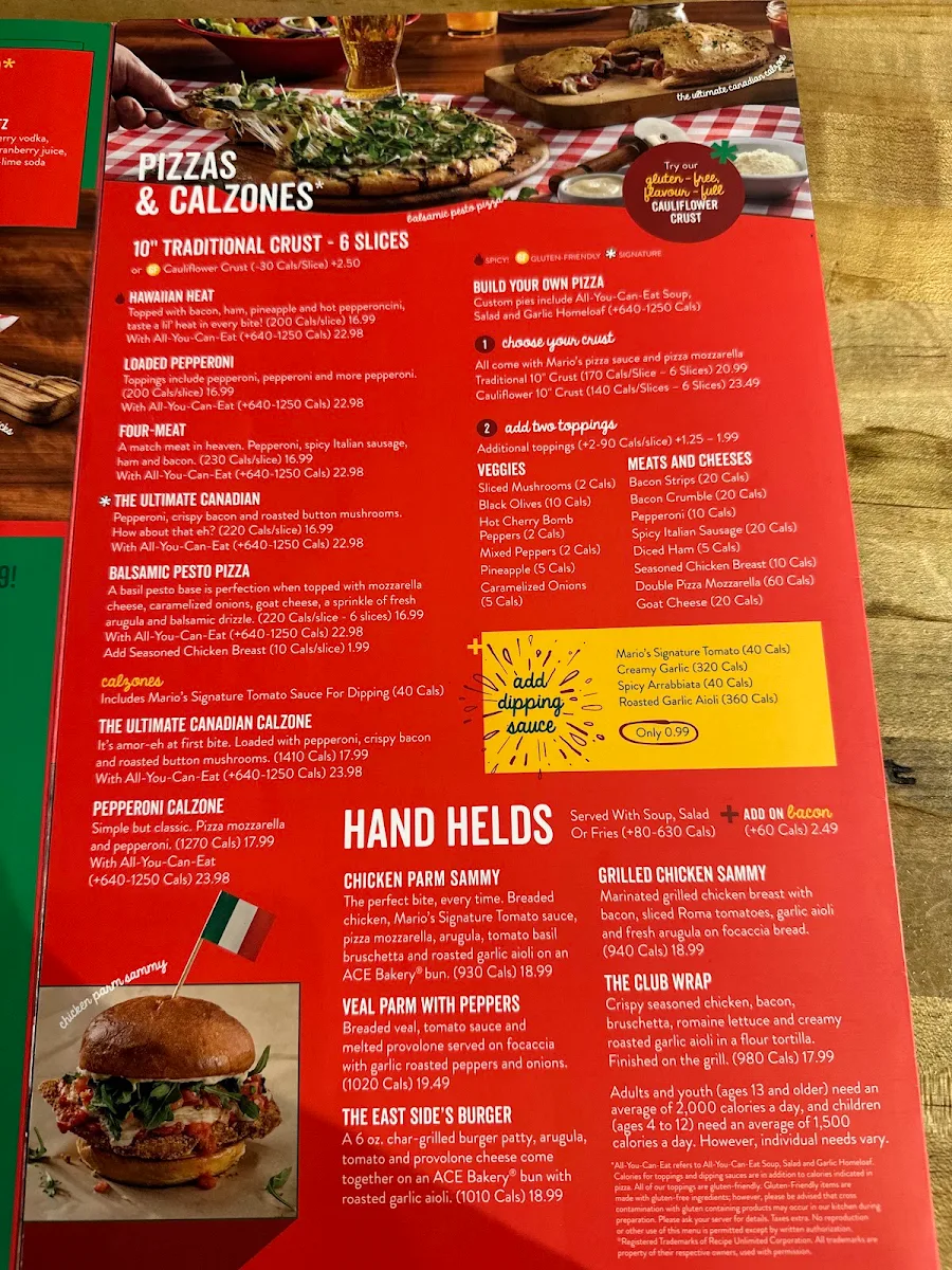 Menu, East Side Mario's