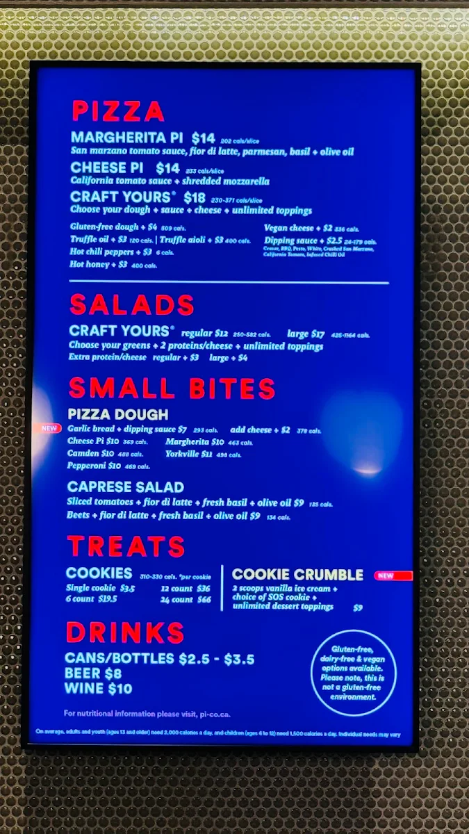 Menu, Pi Co. Pizza Bar