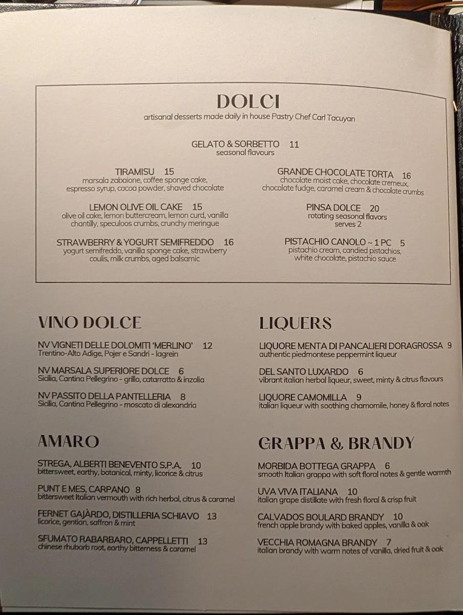 Menu, Notte Ristorante (formerly Amano Trattoria)