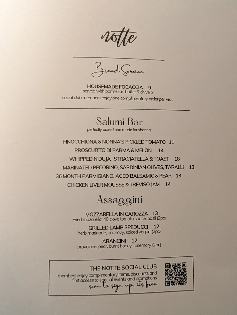 Menu, Notte Ristorante (formerly Amano Trattoria)