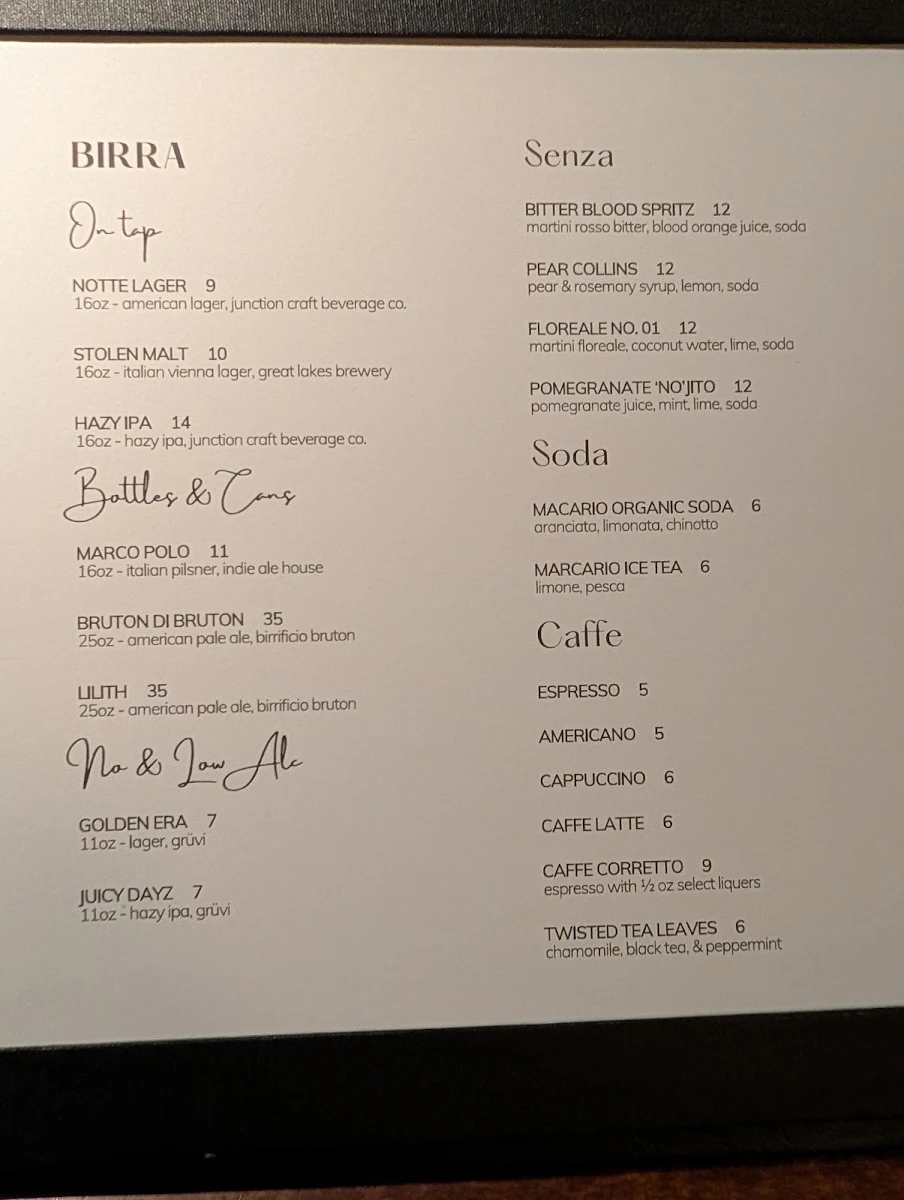 Menu, Notte Ristorante (formerly Amano Trattoria)