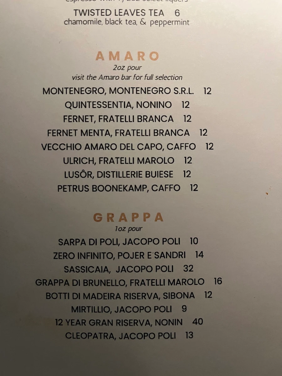 Menu, Notte Ristorante (formerly Amano Trattoria)