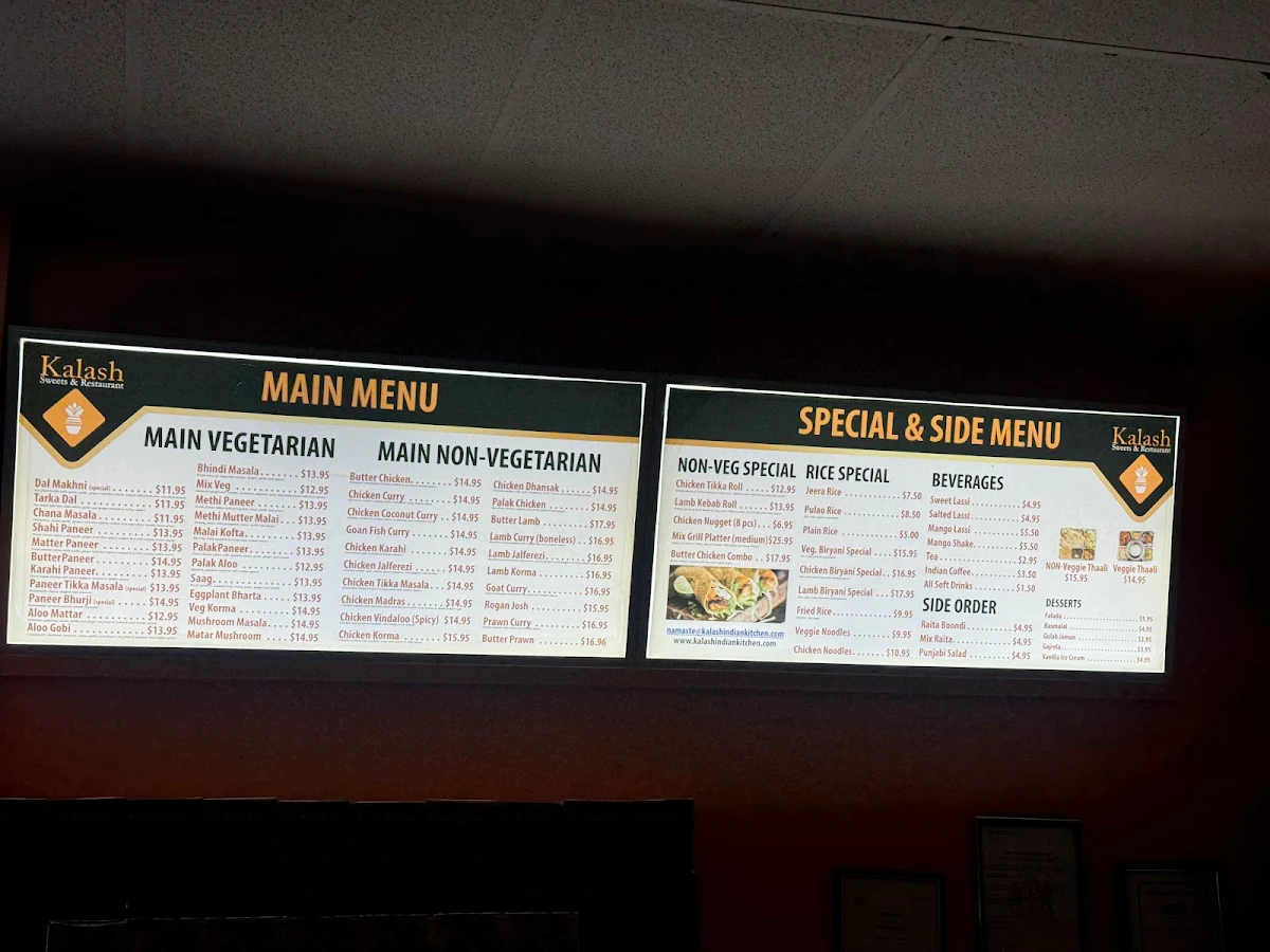 Menu, Kalash Indian Kitchen