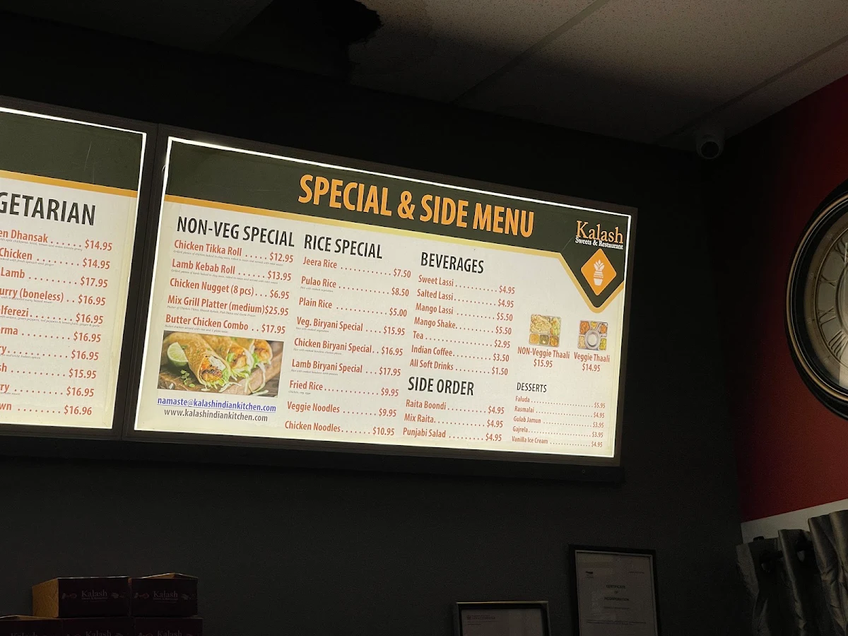 Menu, Kalash Indian Kitchen