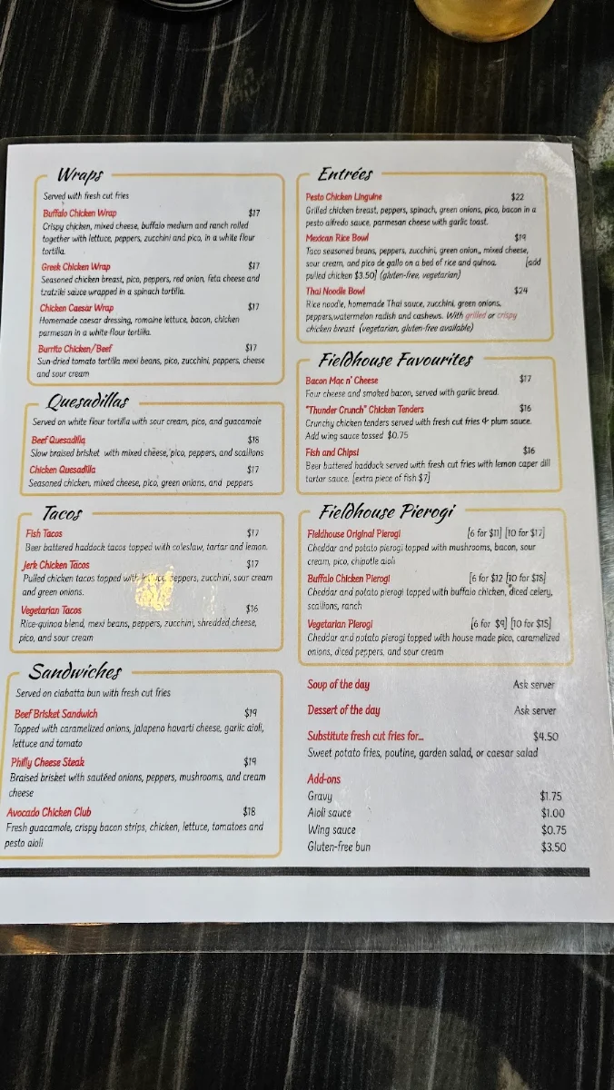 Menu, The Field House Restaurant