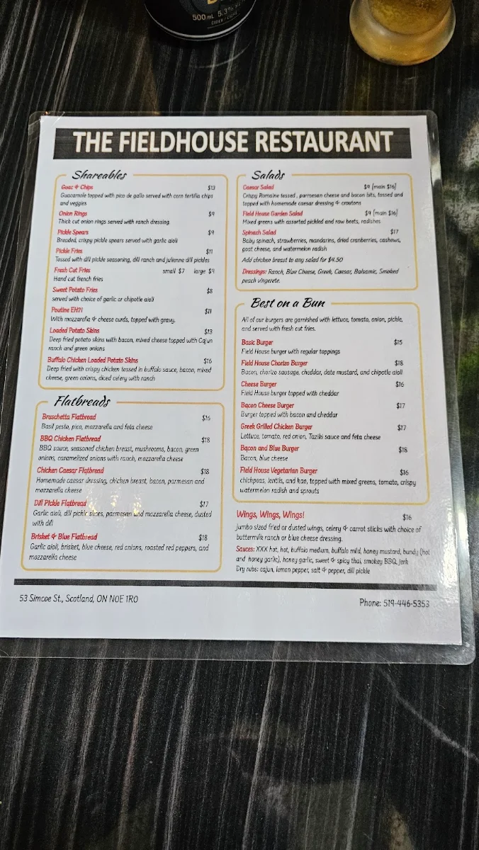 Menu, The Field House Restaurant