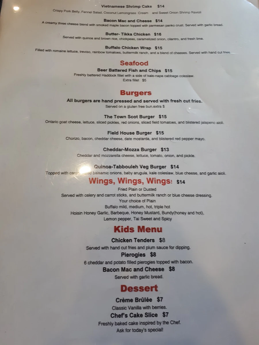 Menu, The Field House Restaurant