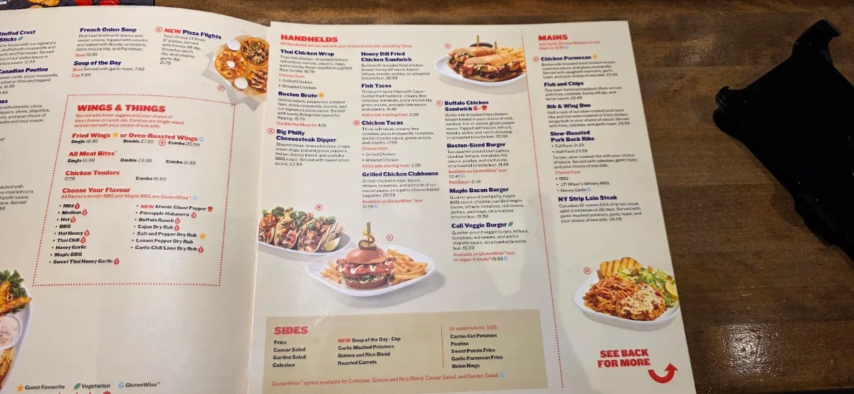 Menu, Boston Pizza