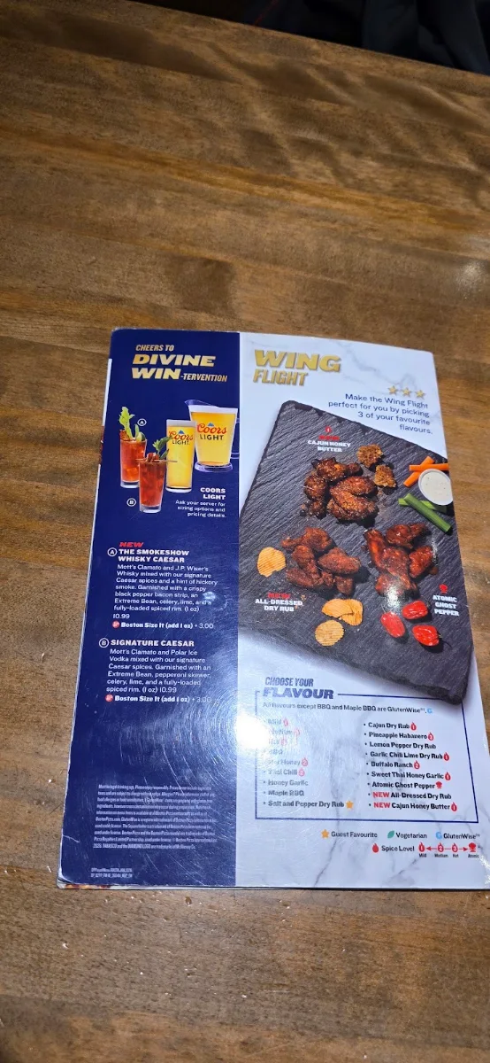 Menu, Boston Pizza