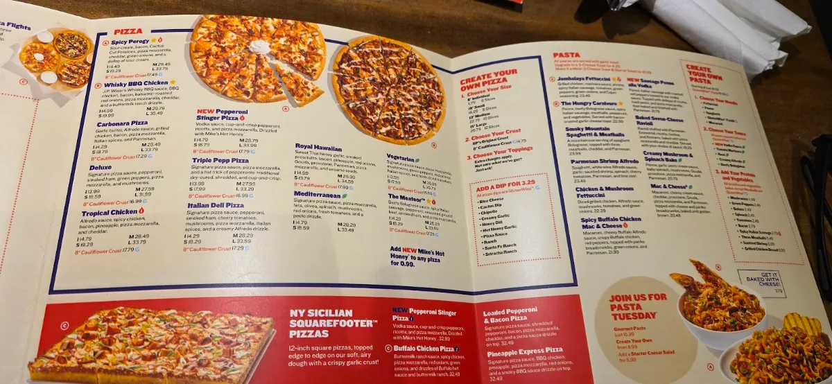 Menu, Boston Pizza