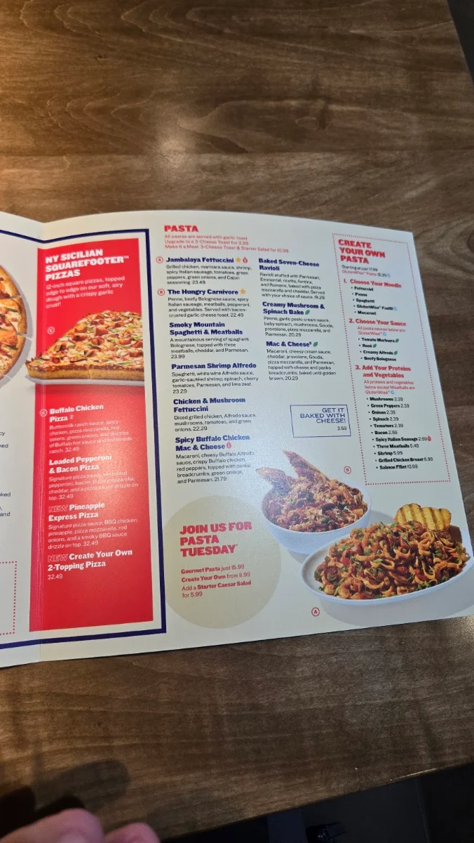Menu, Boston Pizza