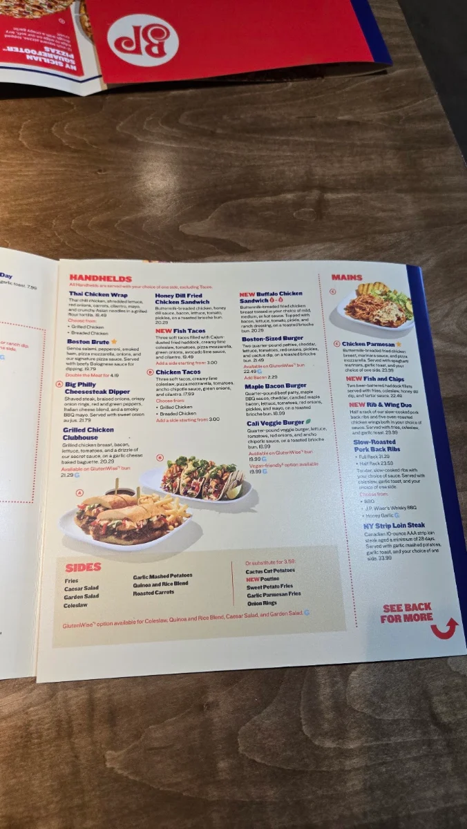 Menu, Boston Pizza