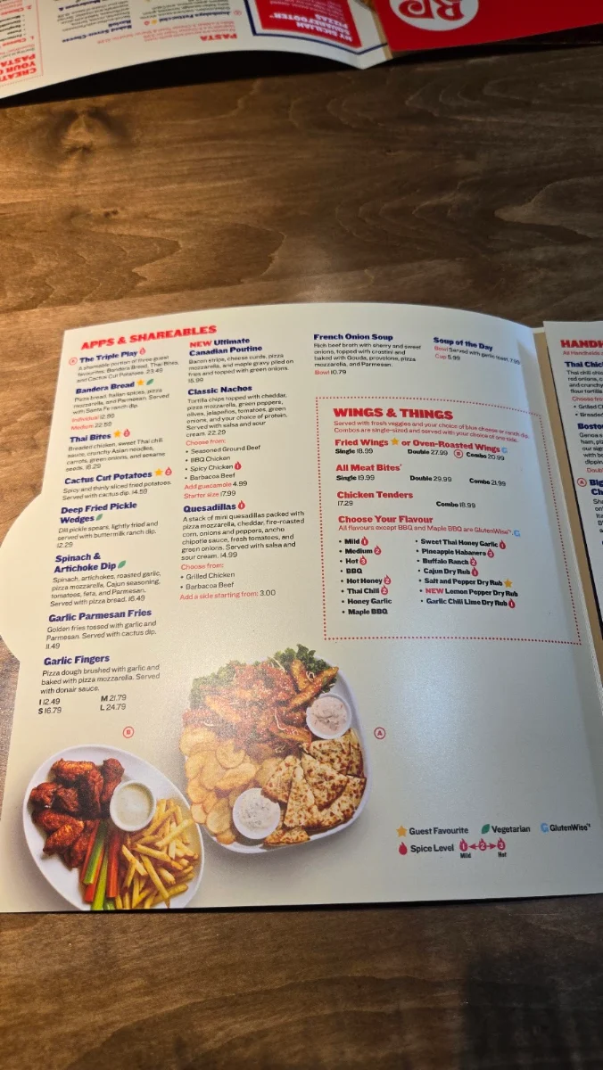Menu, Boston Pizza
