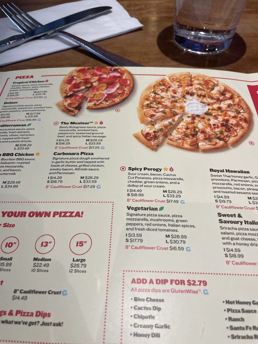 Menu, Boston Pizza