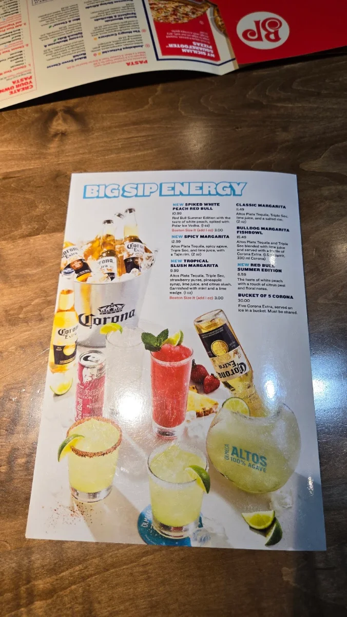 Menu, Boston Pizza