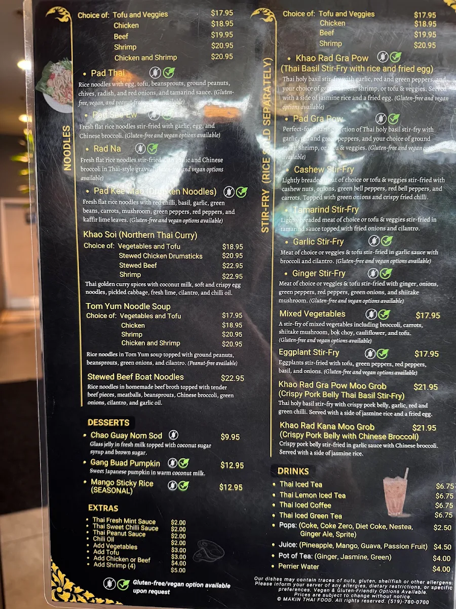 Menu, MAKIN Thai Food