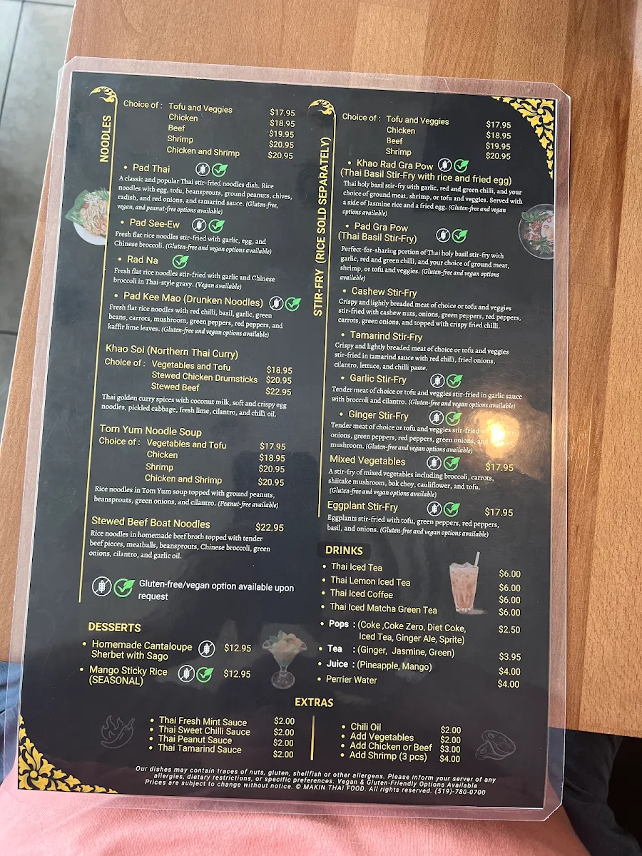 Menu, MAKIN Thai Food