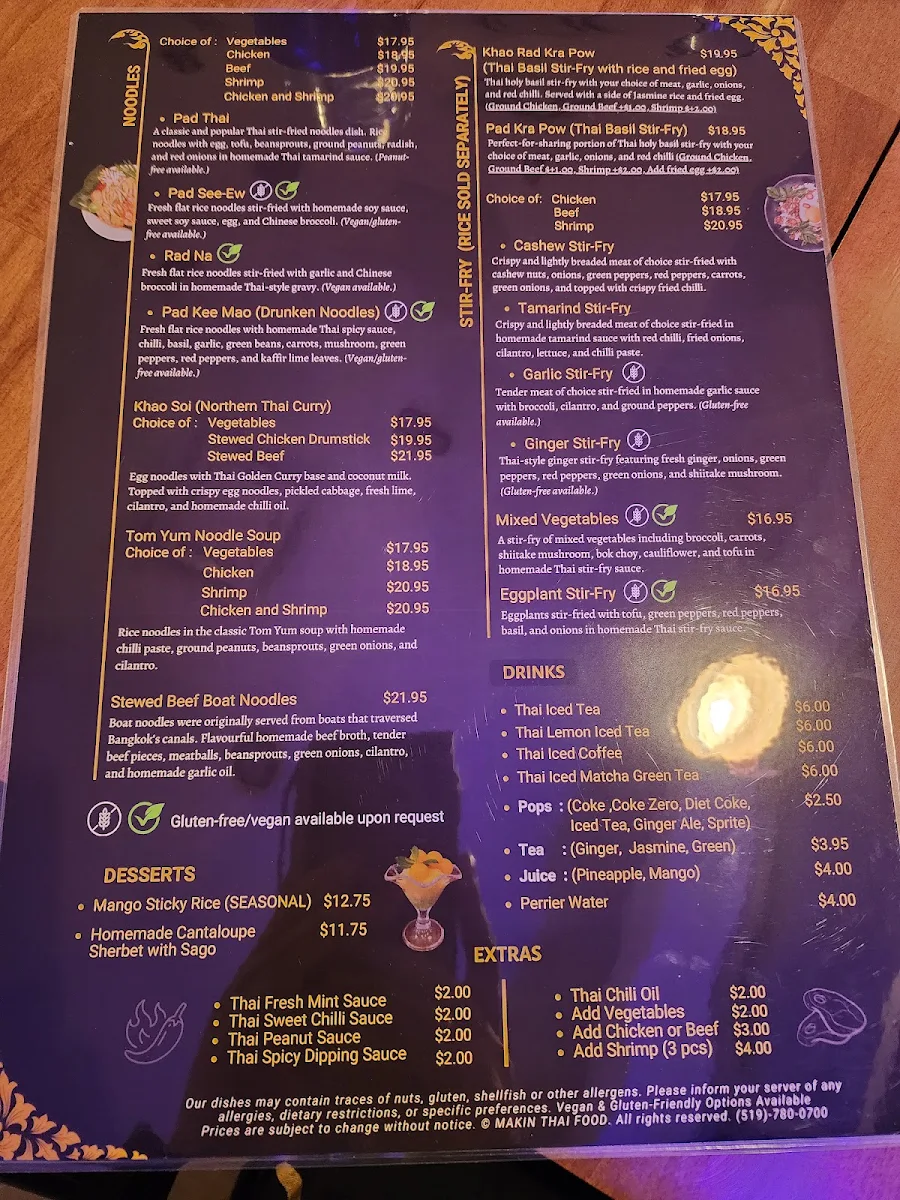 Menu, MAKIN Thai Food
