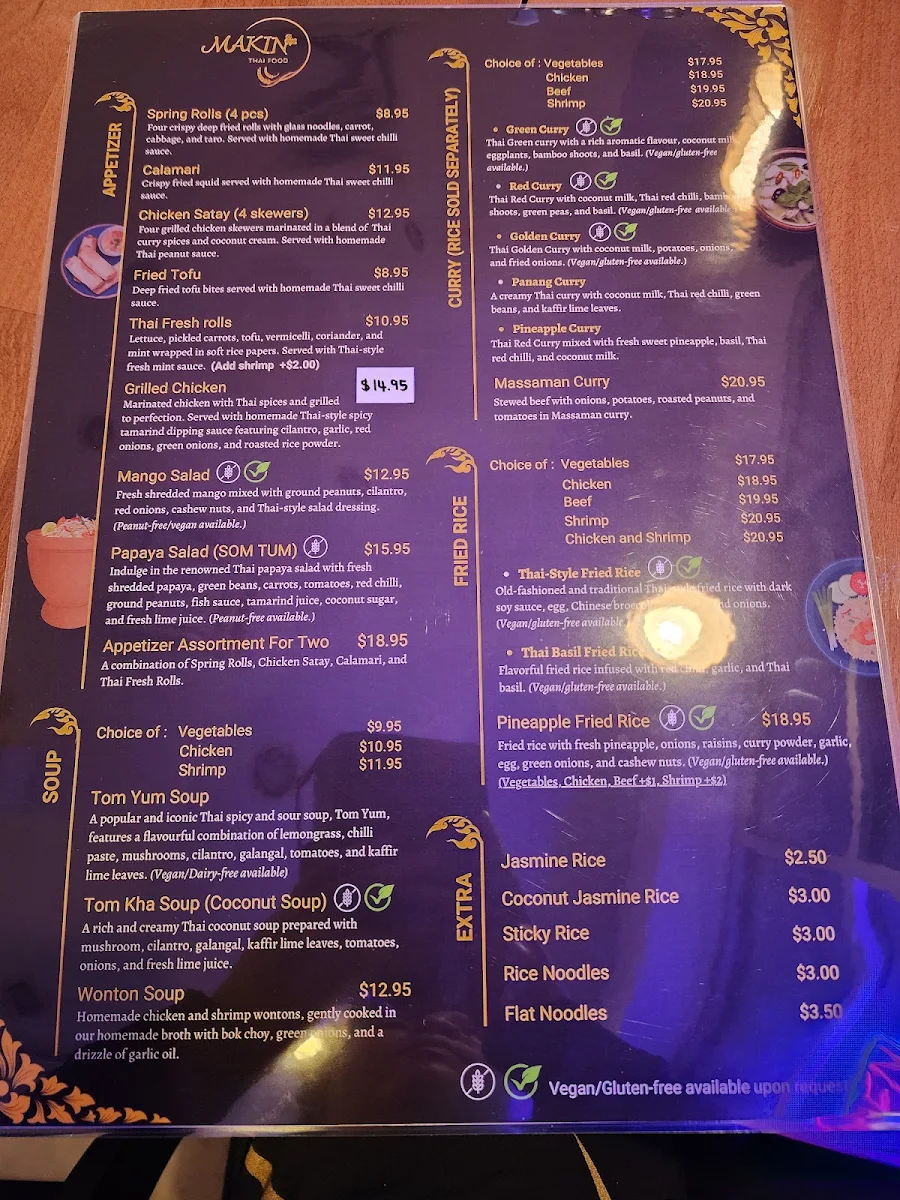 Menu, MAKIN Thai Food