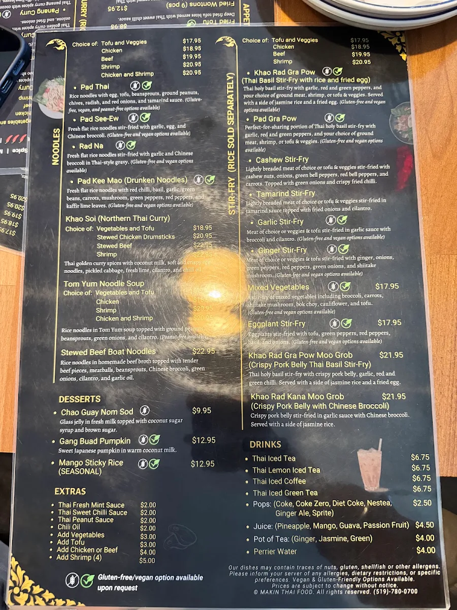 Menu, MAKIN Thai Food
