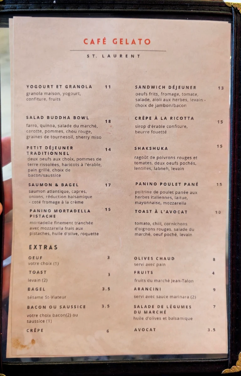 Menu, CAFÉ GELATO - ST-LAURENT
