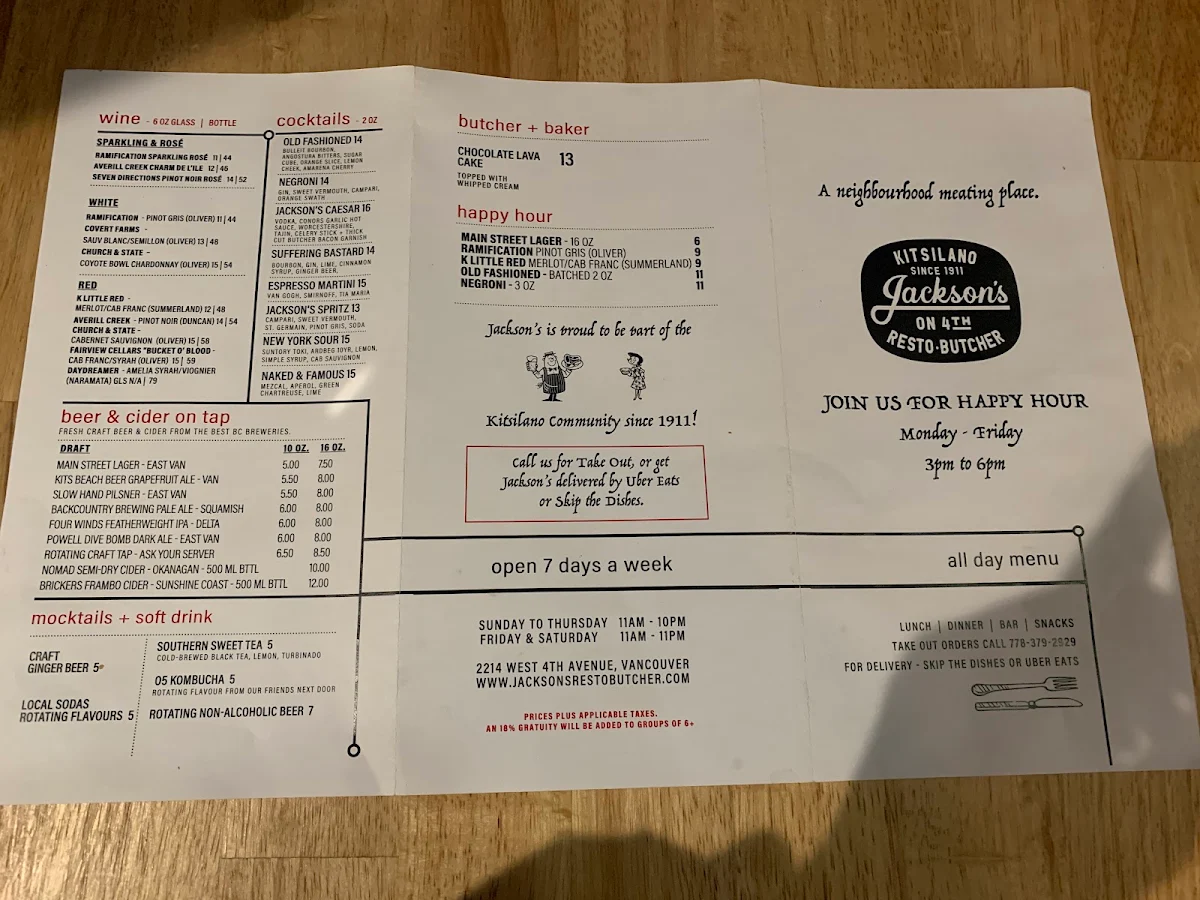 Menu, Jackson's Resto Butcher