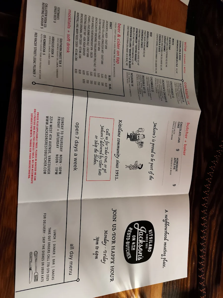 Menu, Jackson's Resto Butcher