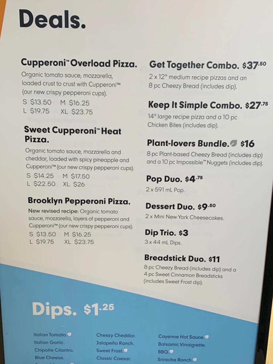 Menu, Panago Pizza