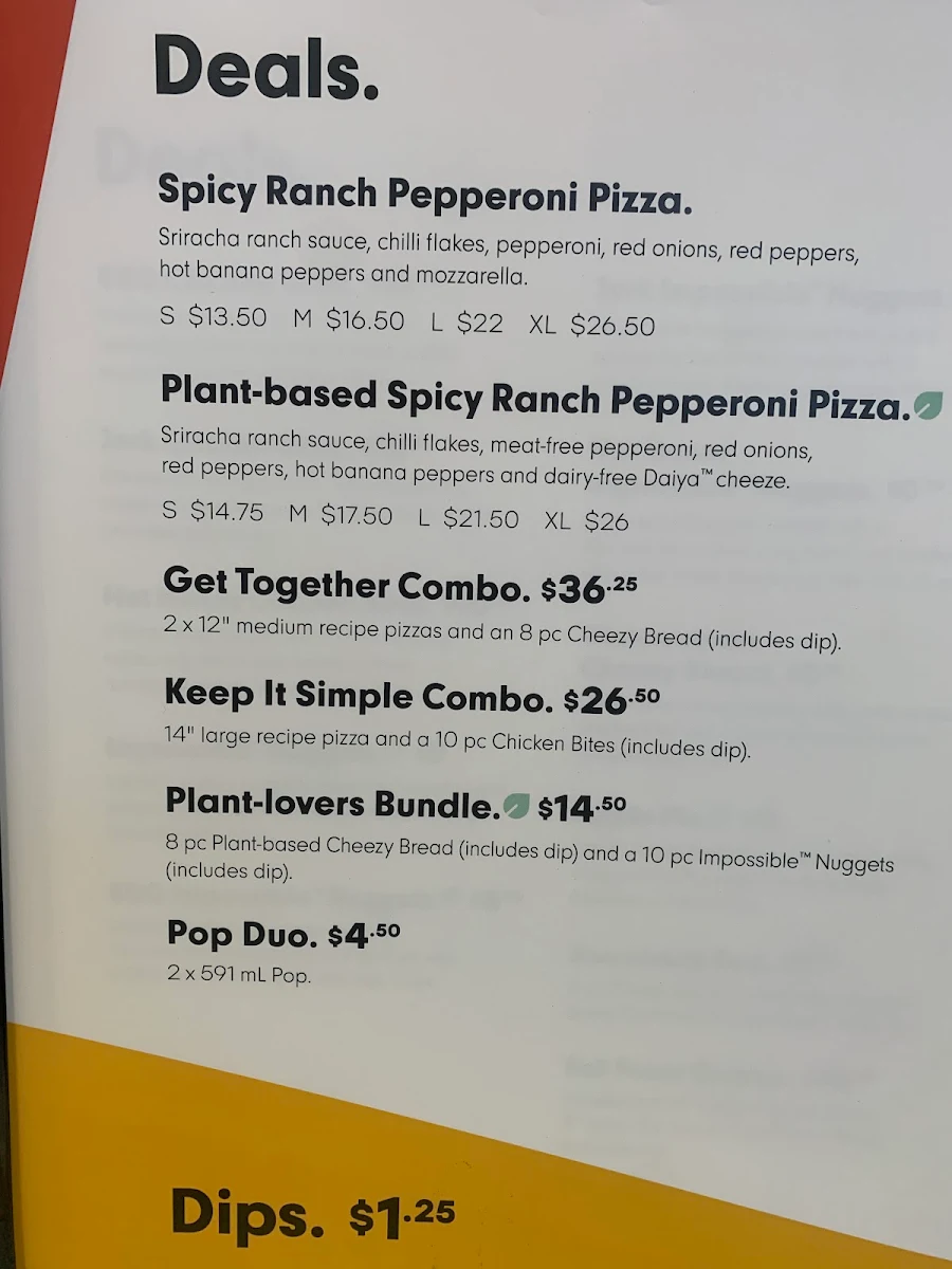 Menu, Panago Pizza