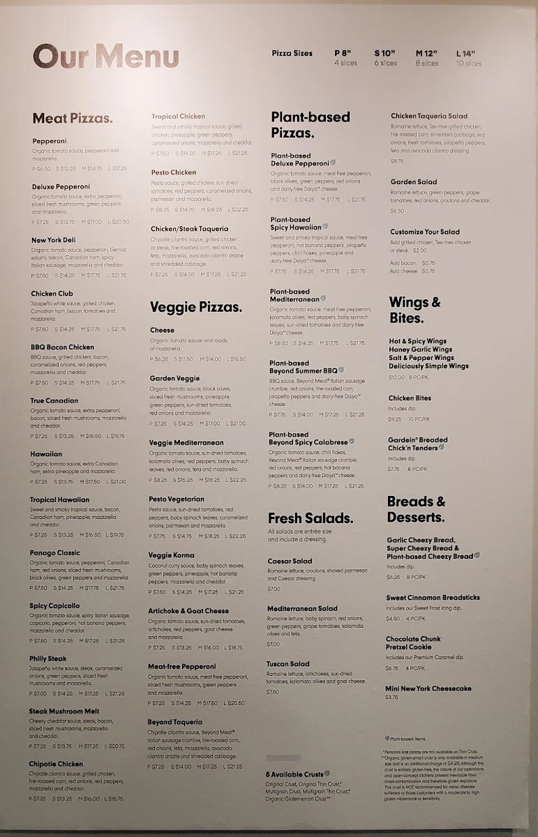 Menu, Panago Pizza