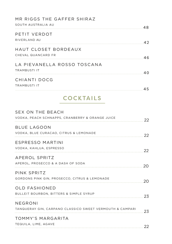 Menu, Park Street Bar & Bistro