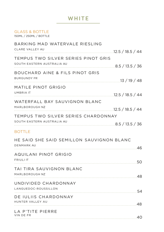 Menu, Park Street Bar & Bistro