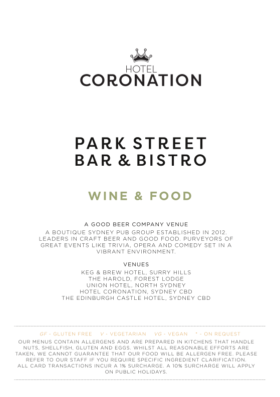 Menu, Park Street Bar & Bistro