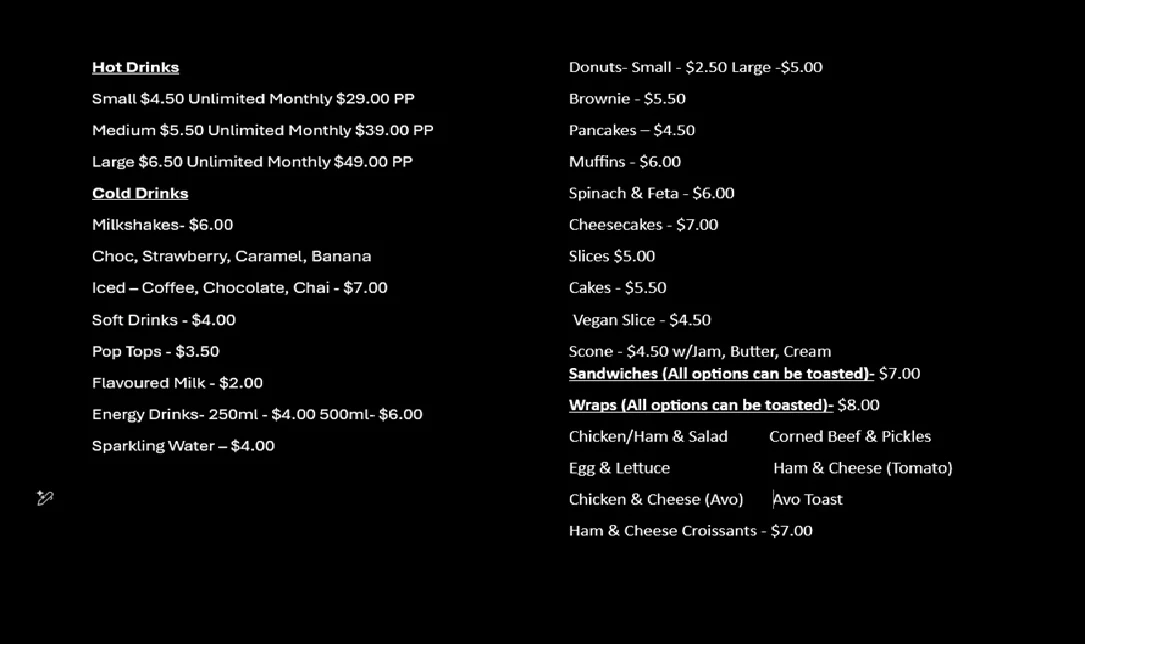 Menu, Cafe Mivad