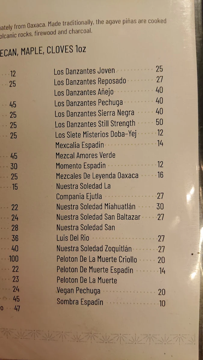 Menu, Añejo Restaurant