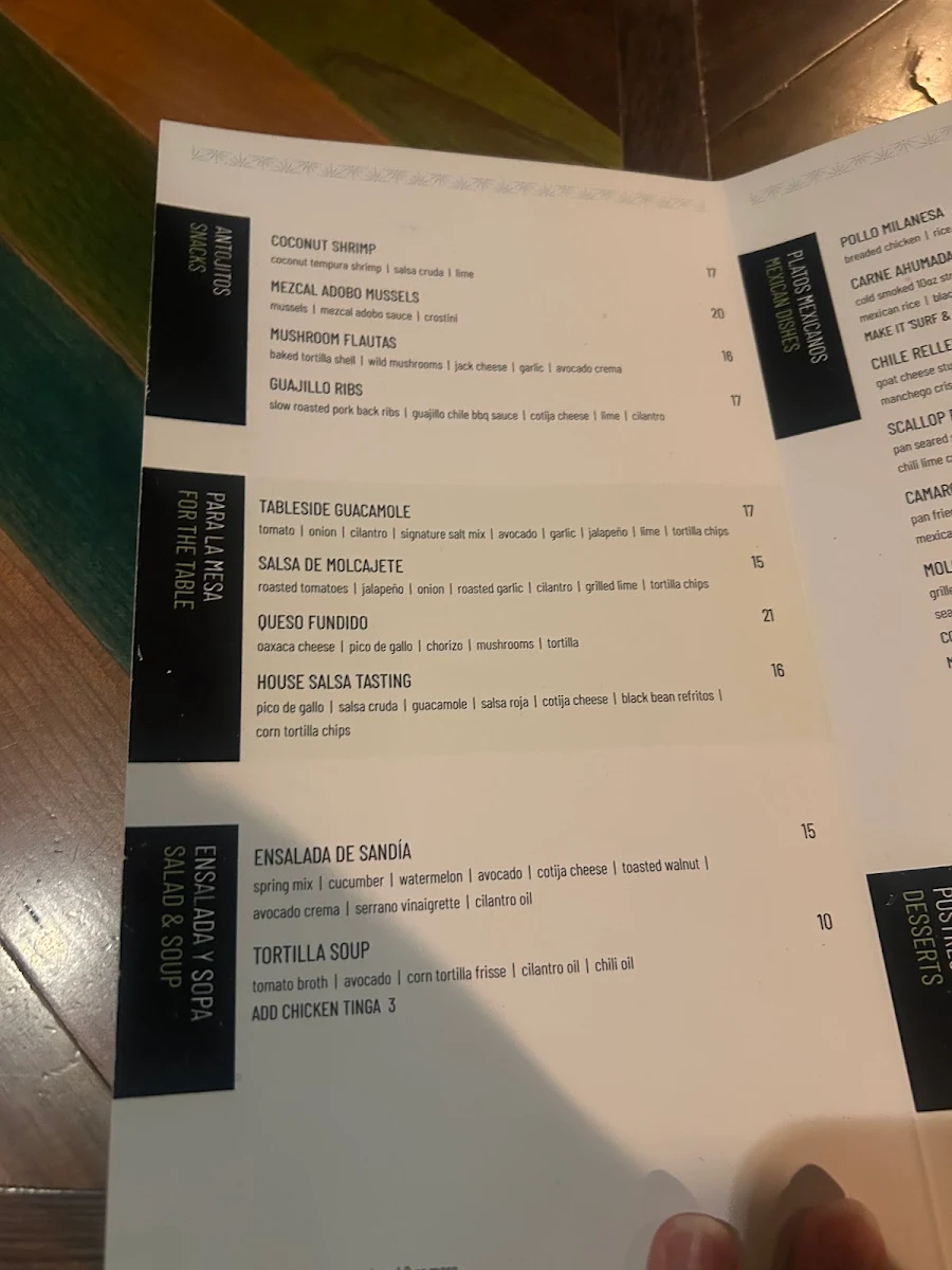 Menu, Añejo Restaurant