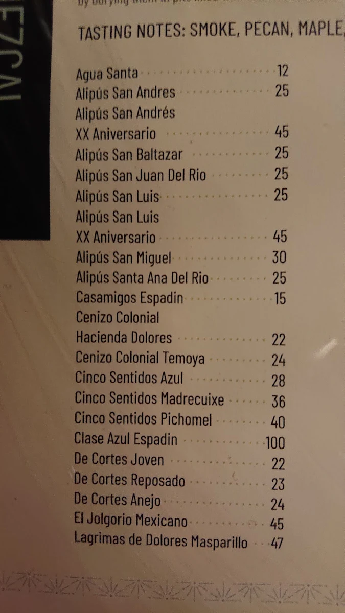 Menu, Añejo Restaurant