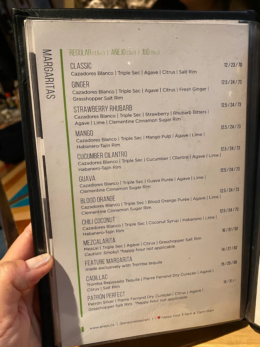 Menu, Añejo Restaurant