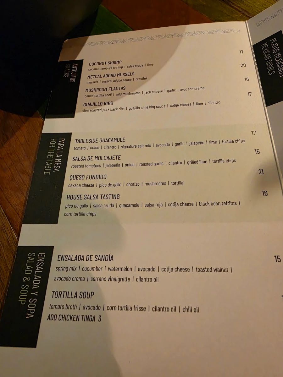 Menu, Añejo Restaurant