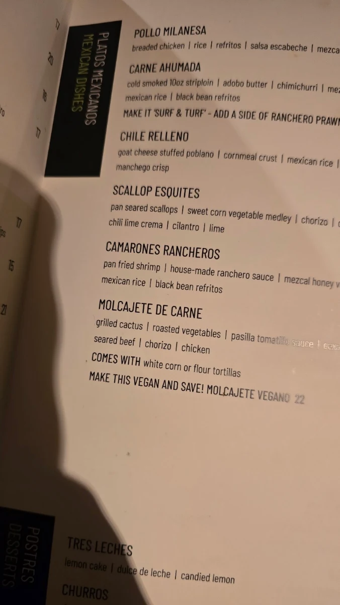 Menu, Añejo Restaurant